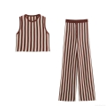 Women's 2 Piece Knit Stripe Set Sleeveless Round Neck Top And Wide Leg Pants Coffee Beige Vertical Striped Casual Outfits Streetwear For Women