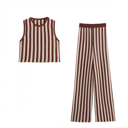 Women's 2 Piece Knit Stripe Set Sleeveless Round Neck Top And Wide Leg Pants Coffee Beige Vertical Striped Casual Outfits Streetwear For Women