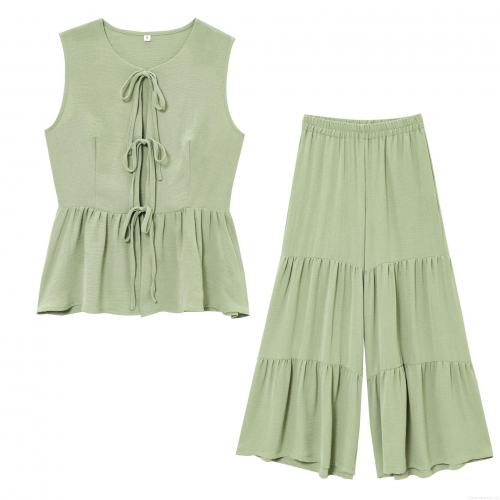 Women's 2 Piece Outfits Sets Sleeveless Tie Front Peplum Top and Tiered Wide Leg Pants Solid Color Polyester Summer Casual Beach Holiday Fashion Streetwear