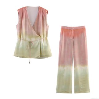 Women's Two Piece Set Satin Gradient Tie-Dye Sleeveless V-Neck Wrap Top and Wide Leg Pants Casual Streetwear Summer Outfit For Women
