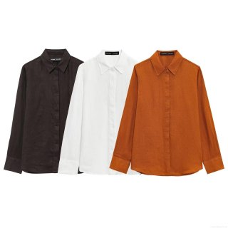 Women's Casual Cotton Linen Two Piece Outfits Long Sleeve Button Down Shirt And High Waist Drawstring Wide Leg Pants Set Lounge Wear Solid Color