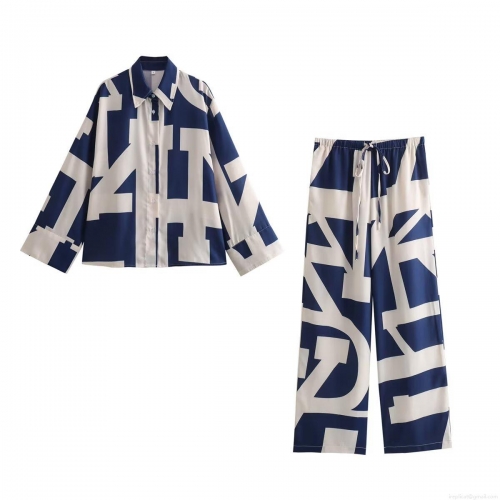 Women's Geometric Letter Print 2 Piece Leisure Set Long Sleeve Button Down Shirt And Wide Leg Drawstring Pants Casual Streetwear Tracksuit