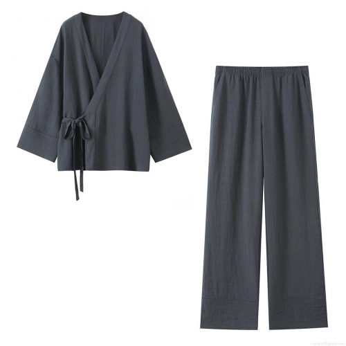 Women's Two Piece Pants Set Solid Color Kimono Wrap Top And Wide Leg Pants Casual Loose Cotton Blend Loungewear Set For Women Streetwear
