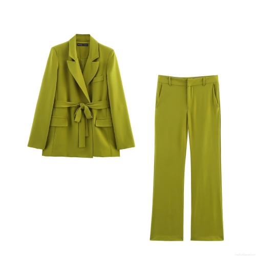 Women's Two Piece Suit Set Solid Color Long Sleeve Belted Blazer Jacket and High Waist Flare Pants Office Lady Commuter Outfit Green