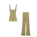 Women's 2 Piece Ribbed Knit Outfits Button Front U-Neck Sleeveless Crop Top And High Waisted Flare Pants Set Solid Color Casual Summer Tracksuits