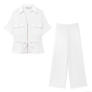 Women's 2 Piece Outfits Casual Crepe Fabric Set Short Sleeve Zipper Lapel Top With Belt And High Waist Wide Leg Pants Streetwear Summer Outfits For Women