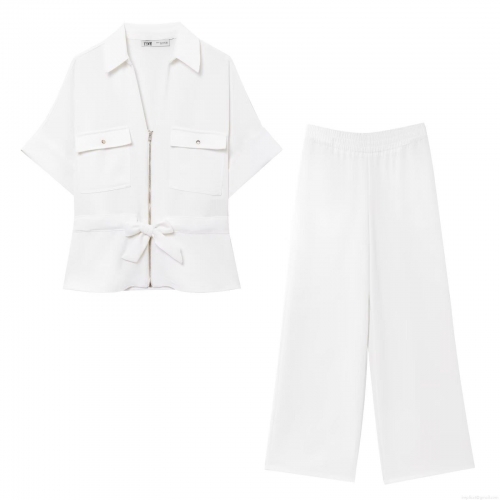 Women's 2 Piece Outfits Casual Crepe Fabric Set Short Sleeve Zipper Lapel Top With Belt And High Waist Wide Leg Pants Streetwear Summer Outfits For Women