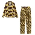 Women's Vintage Geometric Print Two Piece Set Long Sleeve Lapel Shirt And High Waist Pants Suit Casual Streetwear Polyester Outfit