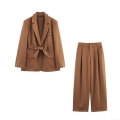 Women's Elegant 2 Piece Blazer Suit Set Oversized Lapel Jacket With Bow Belt And High Waist Wide Leg Pleated Trousers Solid Color Casual Office Streetwear Outfits