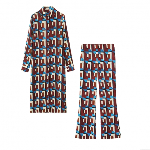 Women's 2 Piece Outfits Retro Geometric Print Long Sleeve Button Down Shirt And High Waist Wide Leg Pants Set Vintage Color Block Tunic Trousers Set For Streetwear