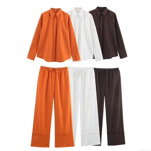 Women's Linen Blend Two Piece Set Long Sleeve Lapel Shirt And High Waist Drawstring Wide Leg Pants Solid Color Casual Loose Streetwear Outfit