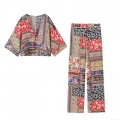 Bohemian Patchwork Print Two-Piece Set For Women V Neck Flared Sleeve Crop Top And High Waisted Wide Leg Pants Vacation Vintage Ethnic Summer Outfit