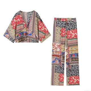 Bohemian Patchwork Print Two-Piece Set For Women V Neck Flared Sleeve Crop Top And High Waisted Wide Leg Pants Vacation Vintage Ethnic Summer Outfit
