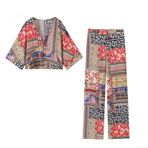 Bohemian Patchwork Print Two-Piece Set For Women V Neck Flared Sleeve Crop Top And High Waisted Wide Leg Pants Vacation Vintage Ethnic Summer Outfit