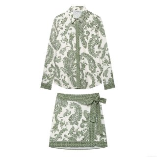 Women Bohemian Paisley Print Long Sleeve Shirt Or Wrap Mini Skirt Two Piece Set Polyester Casual Vacation Boho Style Outfits For Women