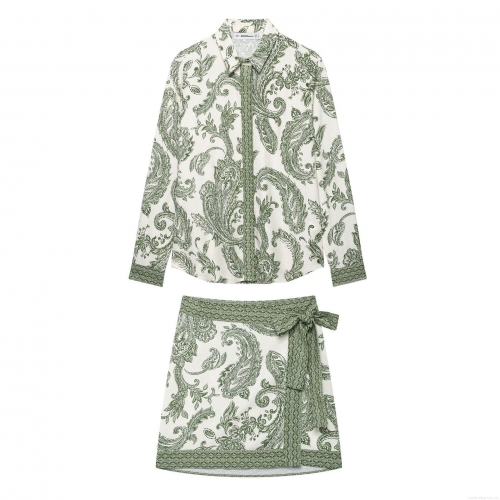 Women Bohemian Paisley Print Long Sleeve Shirt Or Wrap Mini Skirt Two Piece Set Polyester Casual Vacation Boho Style Outfits For Women