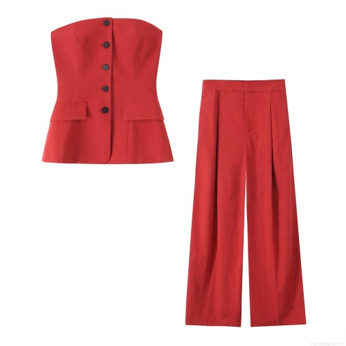 Women Fashion Red 2 Piece Set Strapless Button Bandeau Tube Top And High Waist Double Pleated Wide Leg Pants Elegant Streetwear Party Outfit