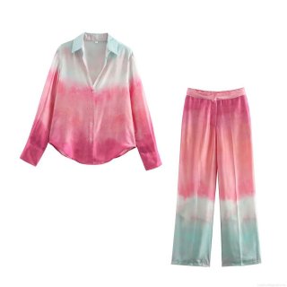 Women's 2 Piece Pants Set Gradient Tie Dye Print Long Sleeve Lapel Button Up Shirt And High Waist Wide Leg Straight Trousers Satin Silk Feel Casual Vacation Streetwear Outfit