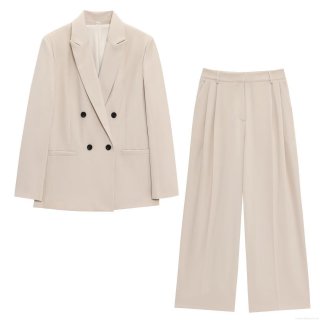 Women's Double Breasted Blazer and Wide Leg Pants Set Elegant Solid Color Suit Two Piece Set with Shoulder Pads Office Lady Business Casual Outfits