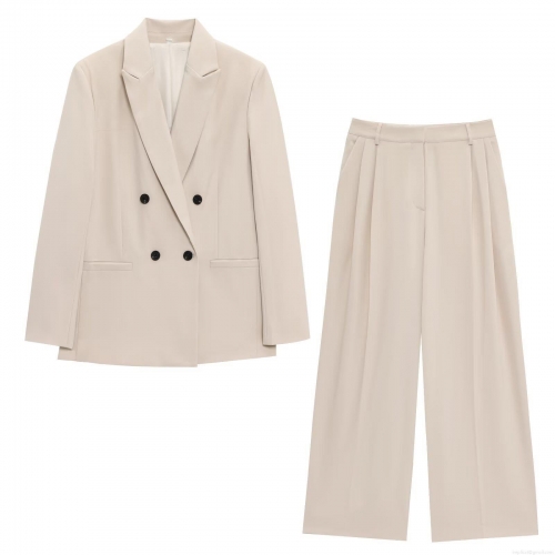 Women's Double Breasted Blazer and Wide Leg Pants Set Elegant Solid Color Suit Two Piece Set with Shoulder Pads Office Lady Business Casual Outfits