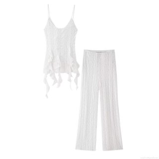 Women's Elegant White Lace Two Piece Set Sexy V Neck Camisole Ruffle Top and High Waist Wide Leg Long Pants Suit for Summer Beach Party