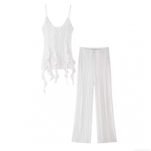 Women's Elegant White Lace Two Piece Set Sexy V Neck Camisole Ruffle Top and High Waist Wide Leg Long Pants Suit for Summer Beach Party