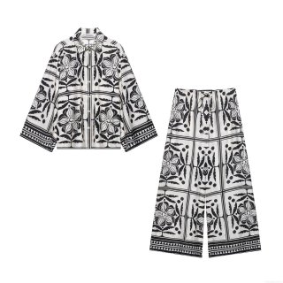 Women's Two Piece Outfits Floral Print Long Sleeve Button Down Shirt And High Waist Drawstring Wide Leg Pants Set 100% Polyester Casual Beach Streetwear Tracksuit