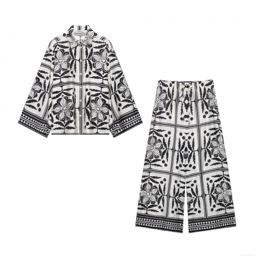 Women's Two Piece Outfits Floral Print Long Sleeve Button Down Shirt And High Waist Drawstring Wide Leg Pants Set 100% Polyester Casual Beach Streetwear Tracksuit