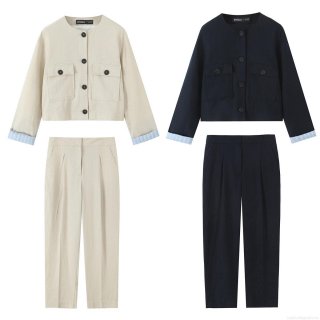 Women Linen Blend Two Piece Set Short Jacket With Stripe Lining And Straight Leg Pants Office Commute Casual Suit Khaki Black