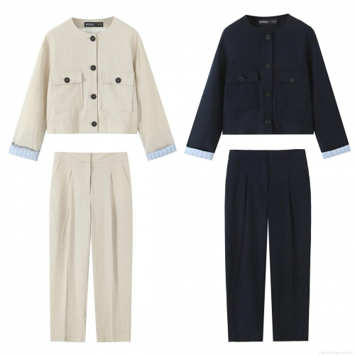 Women Linen Blend Two Piece Set Short Jacket With Stripe Lining And Straight Leg Pants Office Commute Casual Suit Khaki Black