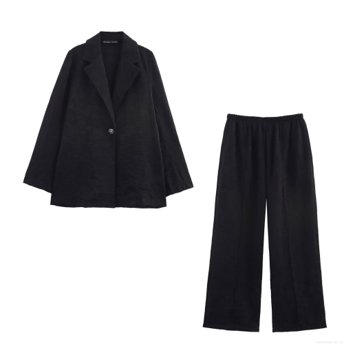 Women's Black Crinkle Effect Transparent Organza Blazer and Wide Leg Pants Set Elegant Two Piece Suit for Evening Party Wedding Guest