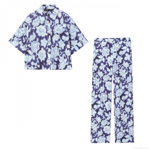 Women's Casual Two Piece Suit Vintage Floral Print Short Sleeve Button Down Shirt and High Waist Paisley Wide Leg Trousers Loungewear Set Summer Streetwear Outfit
