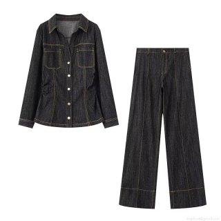 Women's Denim Two Piece Set Long Sleeve Button Down Shirt And High Waist Wide Leg Pants With Contrast Stitching Casual Streetwear Outfits