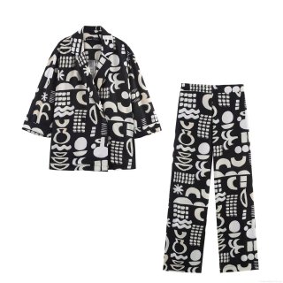 Women's Two Piece Set Abstract Geometric Print Blazer and Straight Leg Pants Casual Suit Long Sleeve Jacket High Waist Trousers Polyester Outfits
