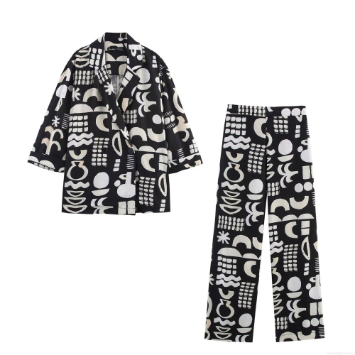 Women's Two Piece Set Abstract Geometric Print Blazer and Straight Leg Pants Casual Suit Long Sleeve Jacket High Waist Trousers Polyester Outfits