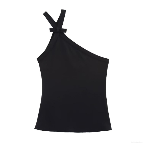 Women's Sexy One Shoulder Bow Top and High Waist Flare Pants Set Polyester Rib Knit Backless Elastic Two Piece Outfits Clubwear Streetwear Black