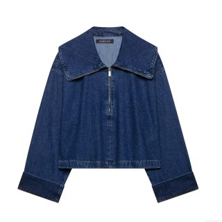 Women's Navy Blue Denim Two Piece Set Sailor Collar Zipper Jacket And High Waist Drawstring Wide Leg Pants Streetwear Casual Outfits