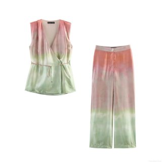 Women's Summer 2 Piece Satin Outfits Sleeveless V Neck Wrap Tie Front Top and High Waisted Wide Leg Pants Set Gradient Tie Dye Chic Casual Streetwear Outfits for Vacation Clubwear