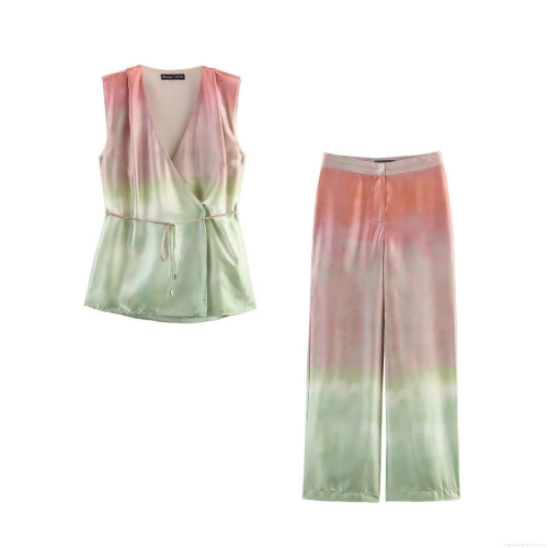 Women's Summer 2 Piece Satin Outfits Sleeveless V Neck Wrap Tie Front Top and High Waisted Wide Leg Pants Set Gradient Tie Dye Chic Casual Streetwear Outfits for Vacation Clubwear
