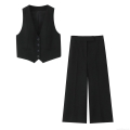 Women's 2 Piece Casual Business Suit Set Sexy V Neck Sleeveless Button Down Slim Fit Vest Waistcoat And High Waist Wide Leg Trousers Streetwear Commuter Outfits