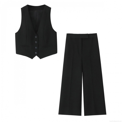 Women's 2 Piece Casual Business Suit Set Sexy V Neck Sleeveless Button Down Slim Fit Vest Waistcoat And High Waist Wide Leg Trousers Streetwear Commuter Outfits
