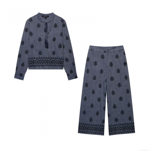 Women's Ethnic Embroidery Two Piece Set Long Sleeve V Neck Tassel Top And High Waist Wide Leg Long Pants Casual Cotton Linen Feel Polyester Blend Suit