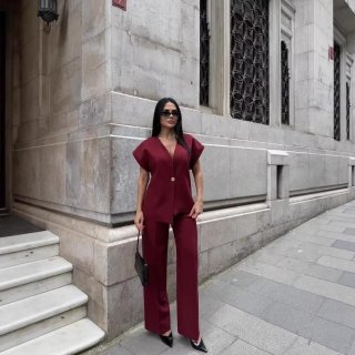 Women's 2 Piece Suit Set Sleeveless V Neck Asymmetrical Vest Top And High Waist Wide Leg Pants Set Solid Color Elegant Work Office Outfits