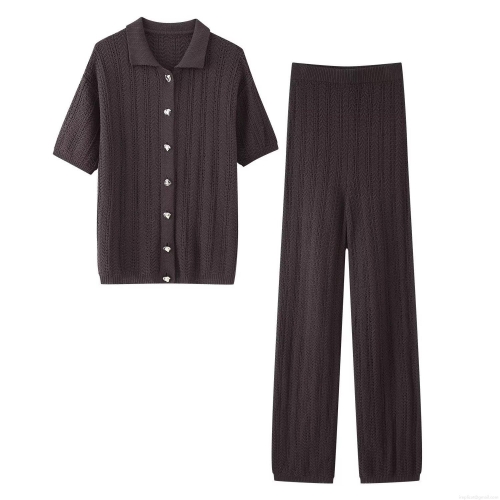 Women's Textured Knit Two Piece Set Polo Neck Short Sleeve Button Down Top and High Waist Straight Leg Pants Solid Color Casual Outfits Streetwear