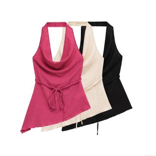 Women's Halter Neck Asymmetric Top and High Waist Wide Leg Pleated Pants Set Polyester Crinkle Texture Outfits Streetwear Women Casual Vacation Summer