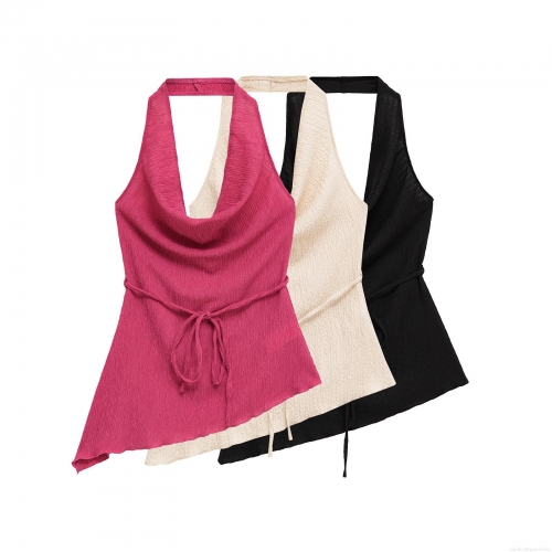 Women's Halter Neck Asymmetric Top and High Waist Wide Leg Pleated Pants Set Polyester Crinkle Texture Outfits Streetwear Women Casual Vacation Summer