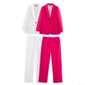 Women's Elegant Crinkle Effect Blazer And Straight Pants Set Polyester Solid Color Two-Piece Suits For Office Party Streetwear Ladies Casual Outfits
