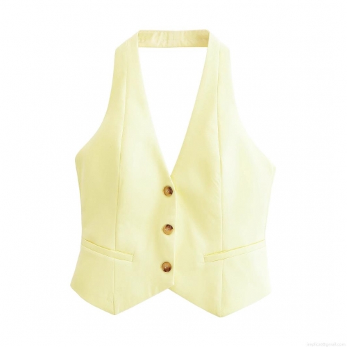 Women's Two Piece Set 100% Polyester Halter Neck Button Vest And High Waist Wide Leg Pants Solid Color Light Yellow Casual Streetwear Summer Outfit For Women