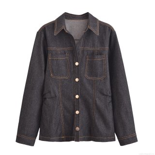 Women's Casual Polyester Denim Style Shirt and Wide Leg Pants Two Piece Set With Contrast Stitching Long Sleeve Button Up Top and High Waist Trousers Streetwear Outfits