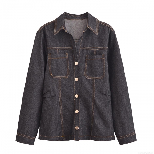 Women's Casual Polyester Denim Style Shirt and Wide Leg Pants Two Piece Set With Contrast Stitching Long Sleeve Button Up Top and High Waist Trousers Streetwear Outfits